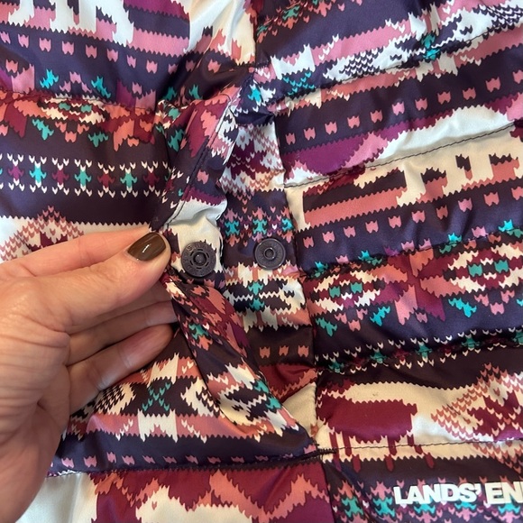 Lands End Fair Isle 600 down fill Puffer Vest Purple Moose Nordic SZ Small 6-8 - Picture 6 of 8